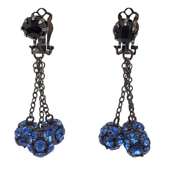 Blue Rhinestone Disco Ball Clip On Earrings Dangle Drop Vintage Chandelier MCM - Picture 1 of 3